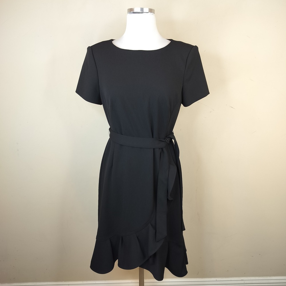 Calvin Klein Ruffled Black Dress 8 Women's Belted Professional Career